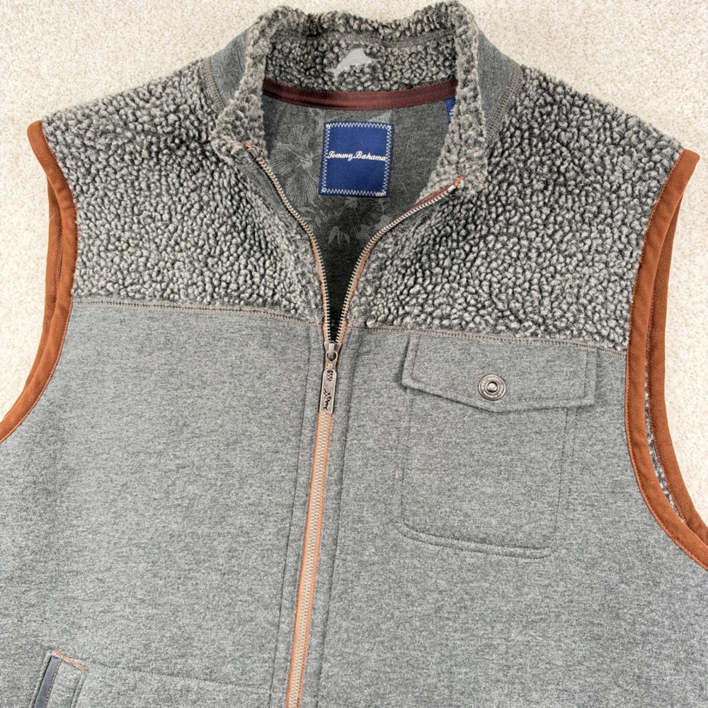 Tommy Bahama Vest Mens Large Gray Sherpa Yoke Full Zip Fleece Lined Pocket